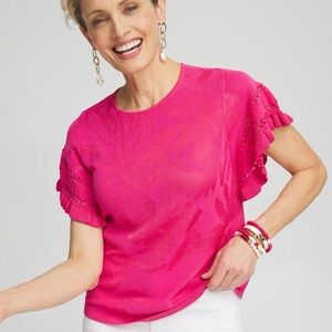 🆕 Chico's Vibrant Pink Knit Sweater Blouse with Ruffle Sleeves, New with Tags, L